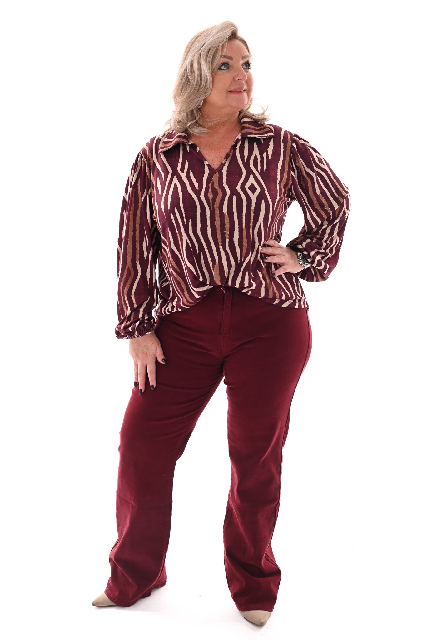 Top v-hals met kraag en strepen bordeaux