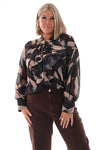 Doorknoop blouse strik roezels abstracte print jeansblauw