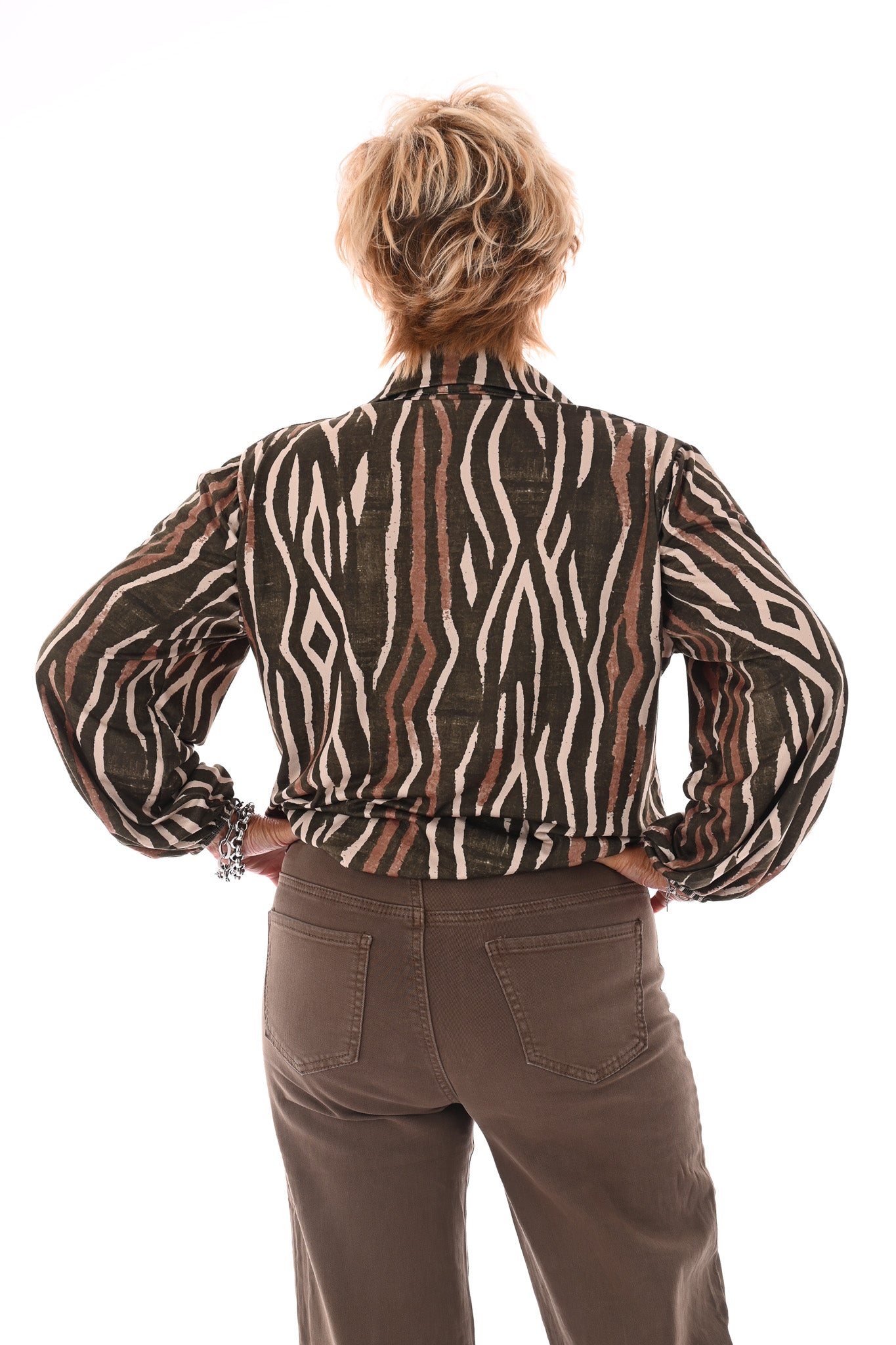 Top v-hals met kraag en strepen legergroen