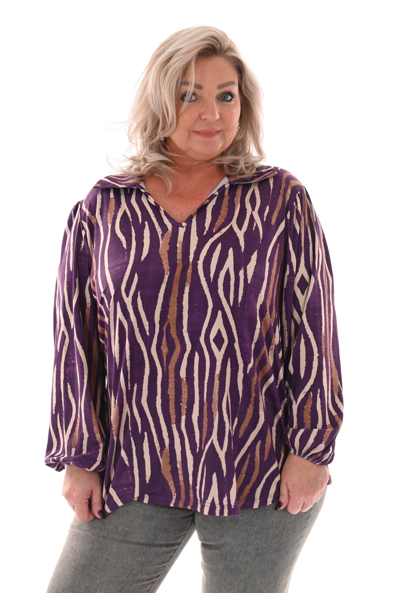 Top v-hals met kraag en strepen paars