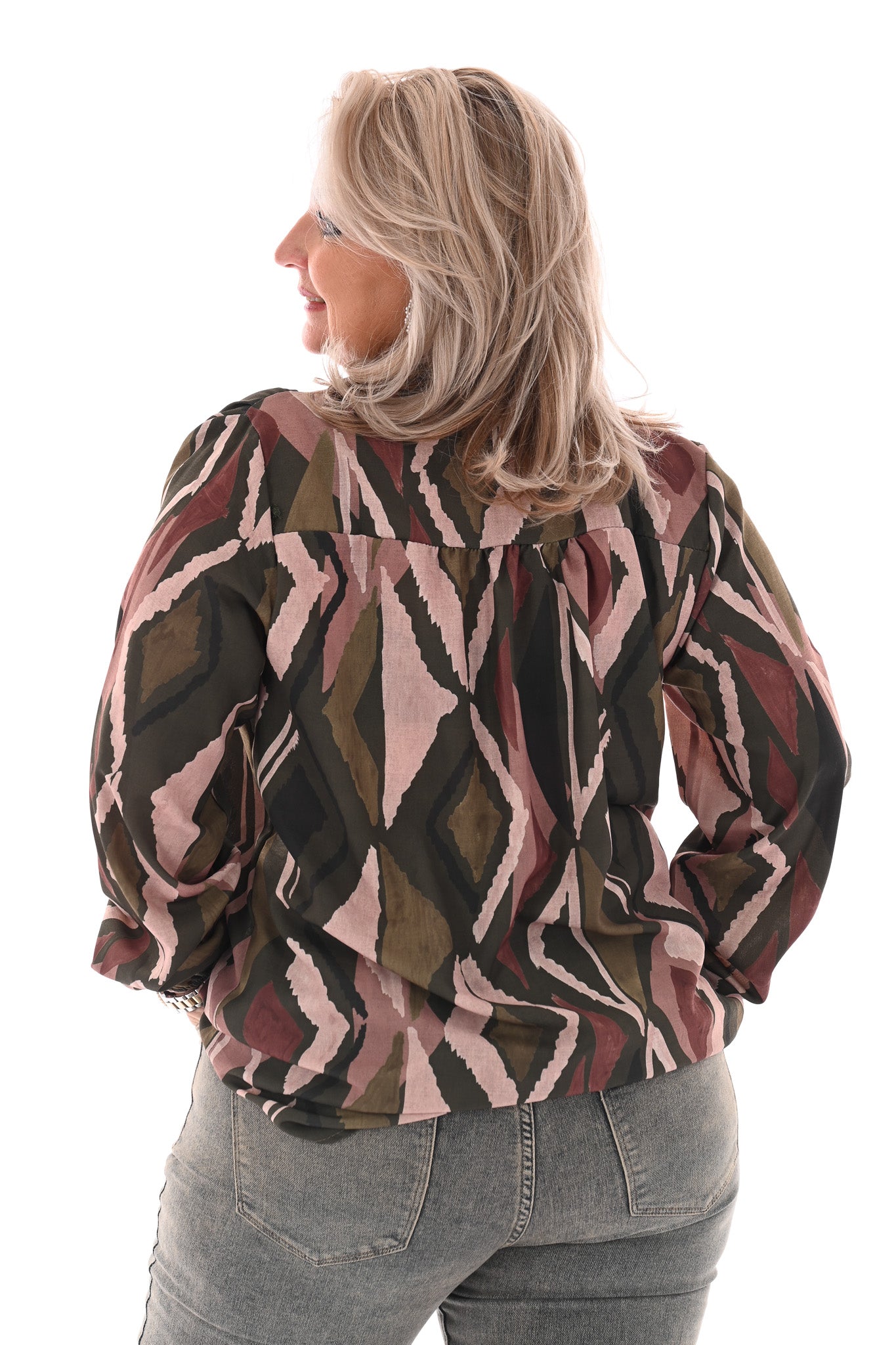 Blouse met strik print ruit legergroen
