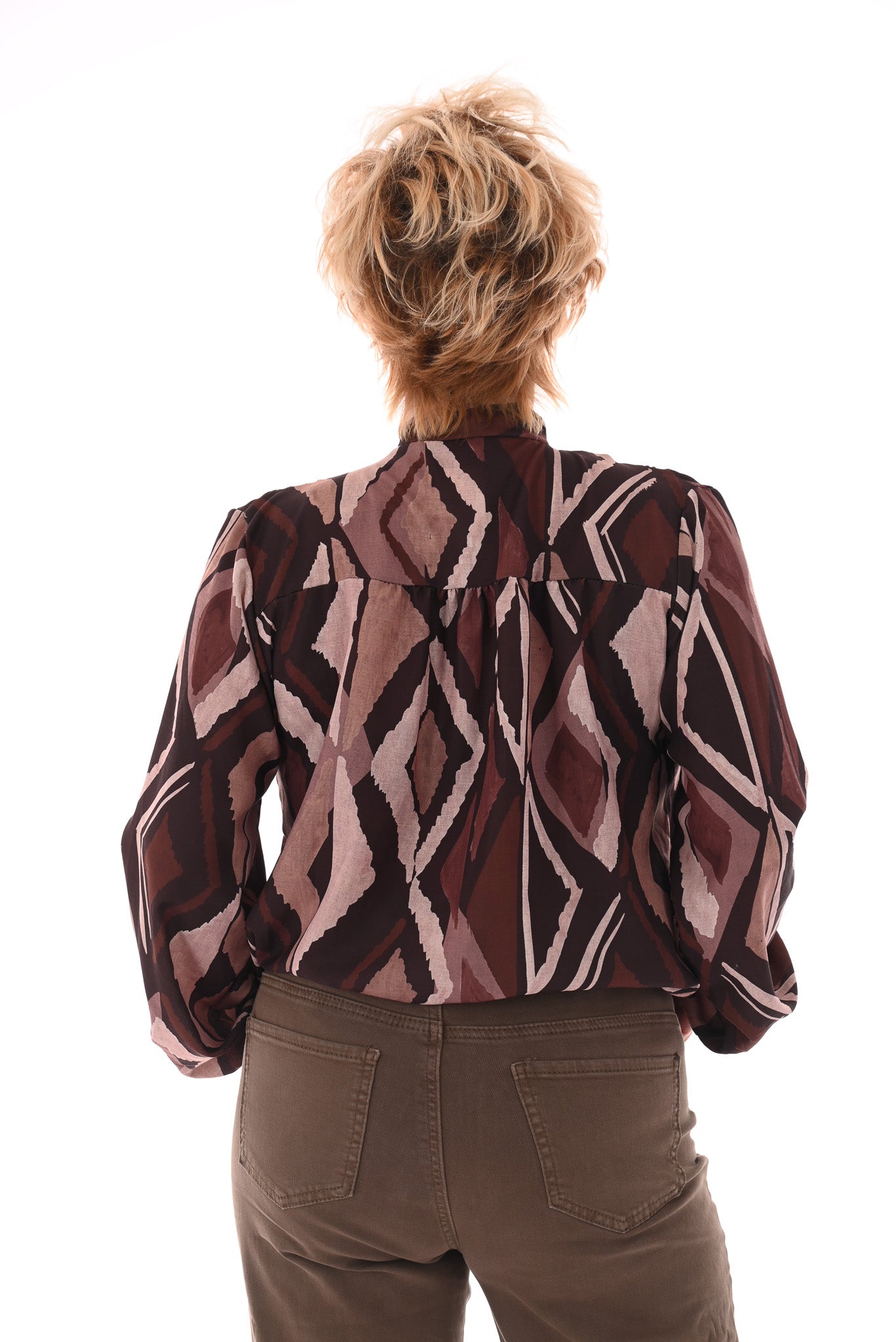 Blouse met strik print ruit donkerbruin