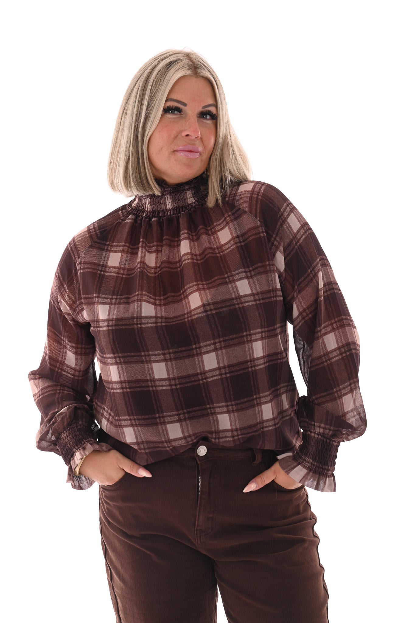 Top smock kraag ruitpatroon donkerbruin