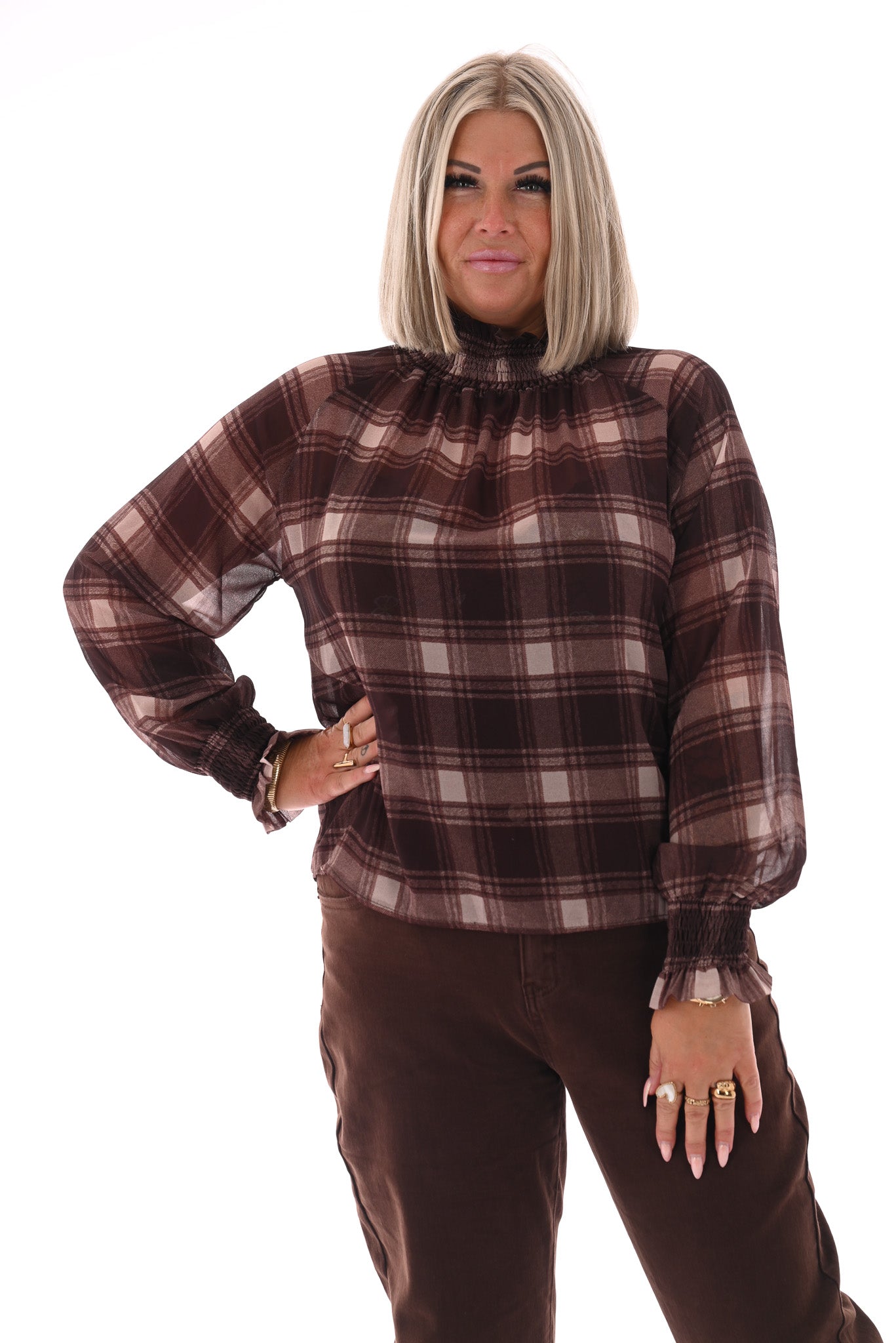 Top smock kraag ruitpatroon donkerbruin