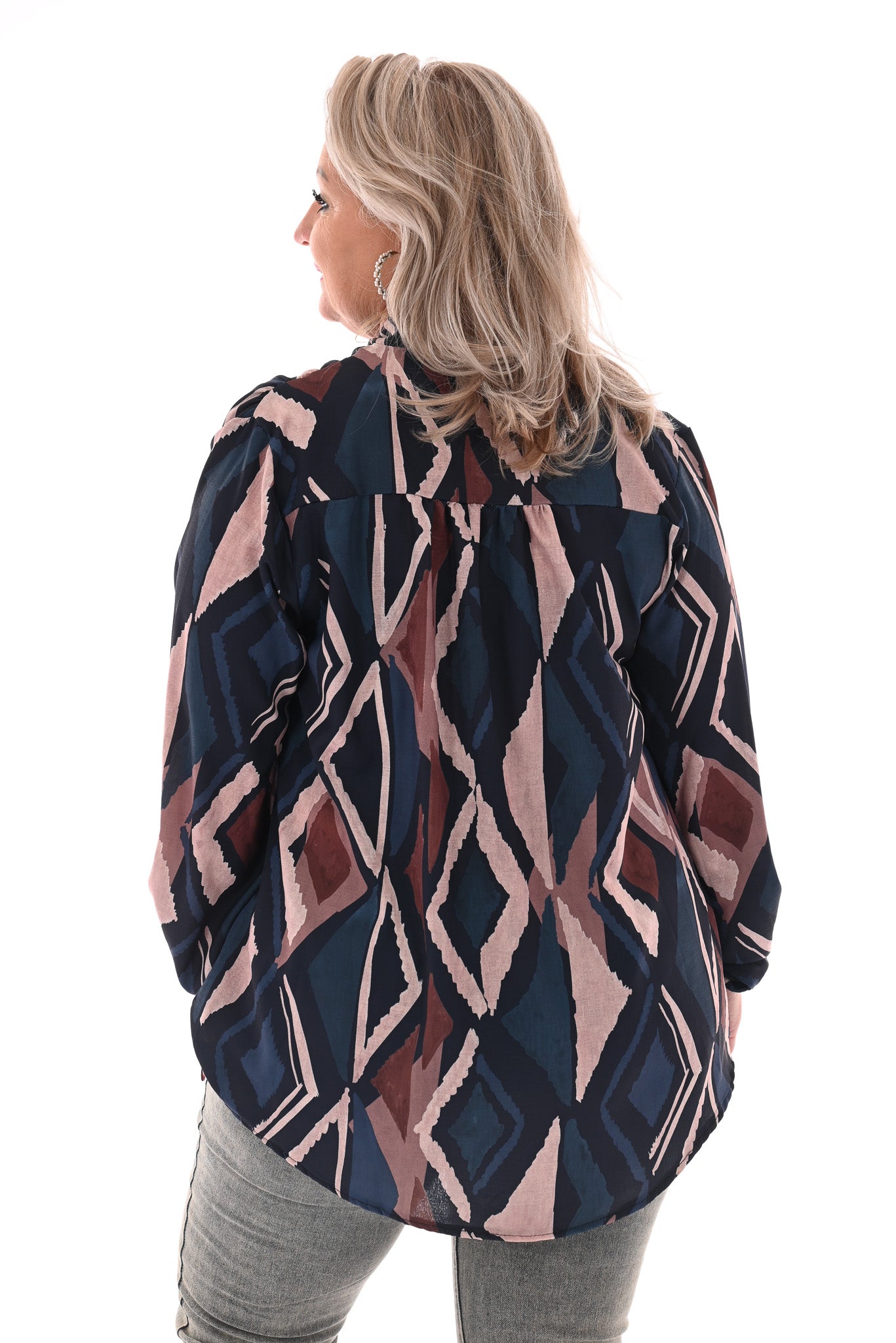 Blouse met strik print ruit marineblauw