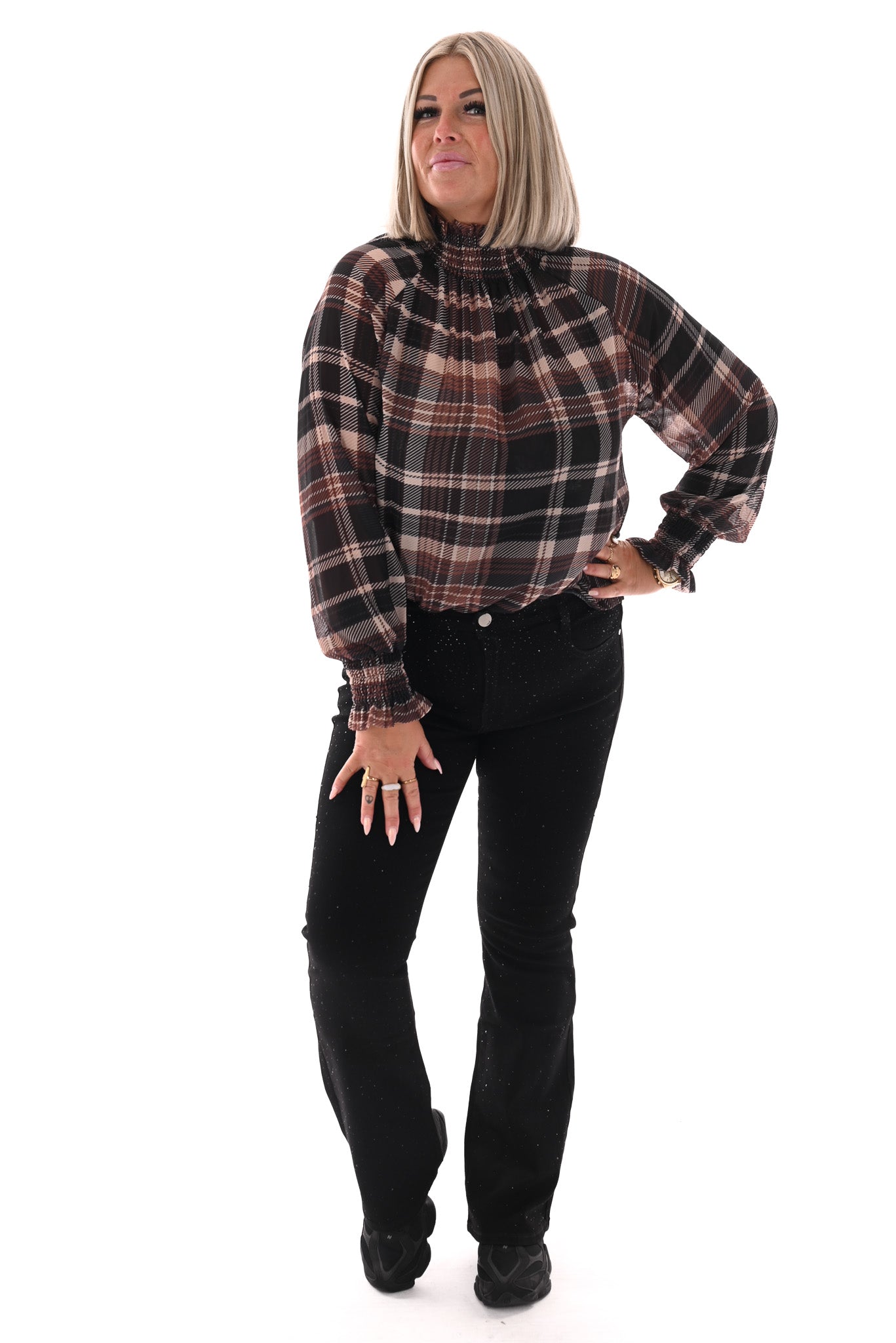 Top smock kraag ruitpatroon zwart