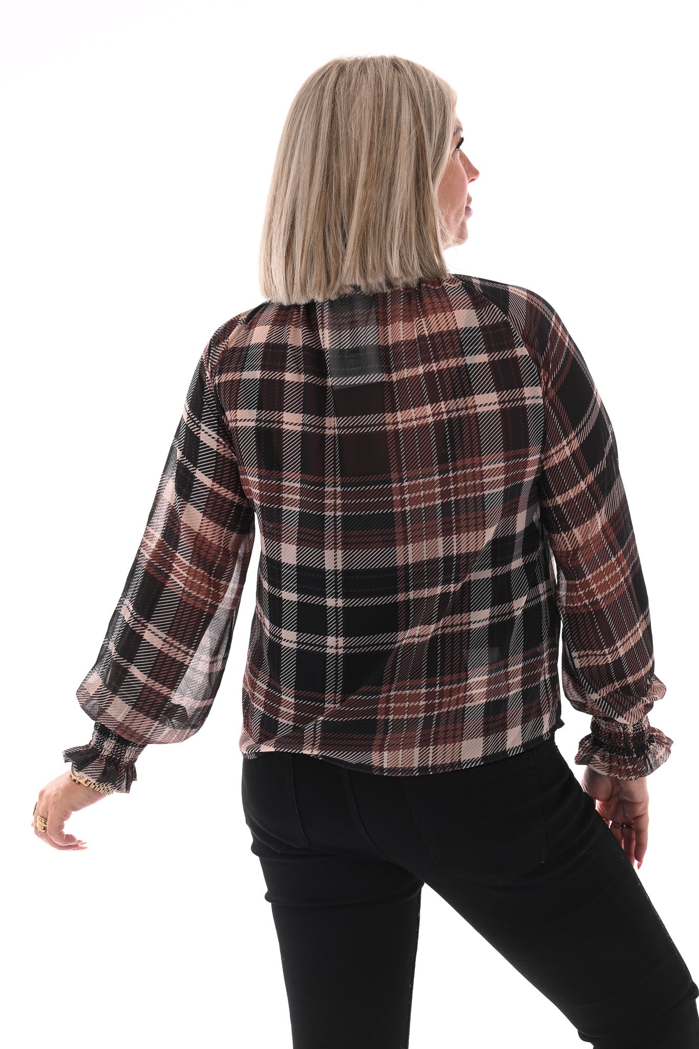 Top smock kraag ruitpatroon zwart