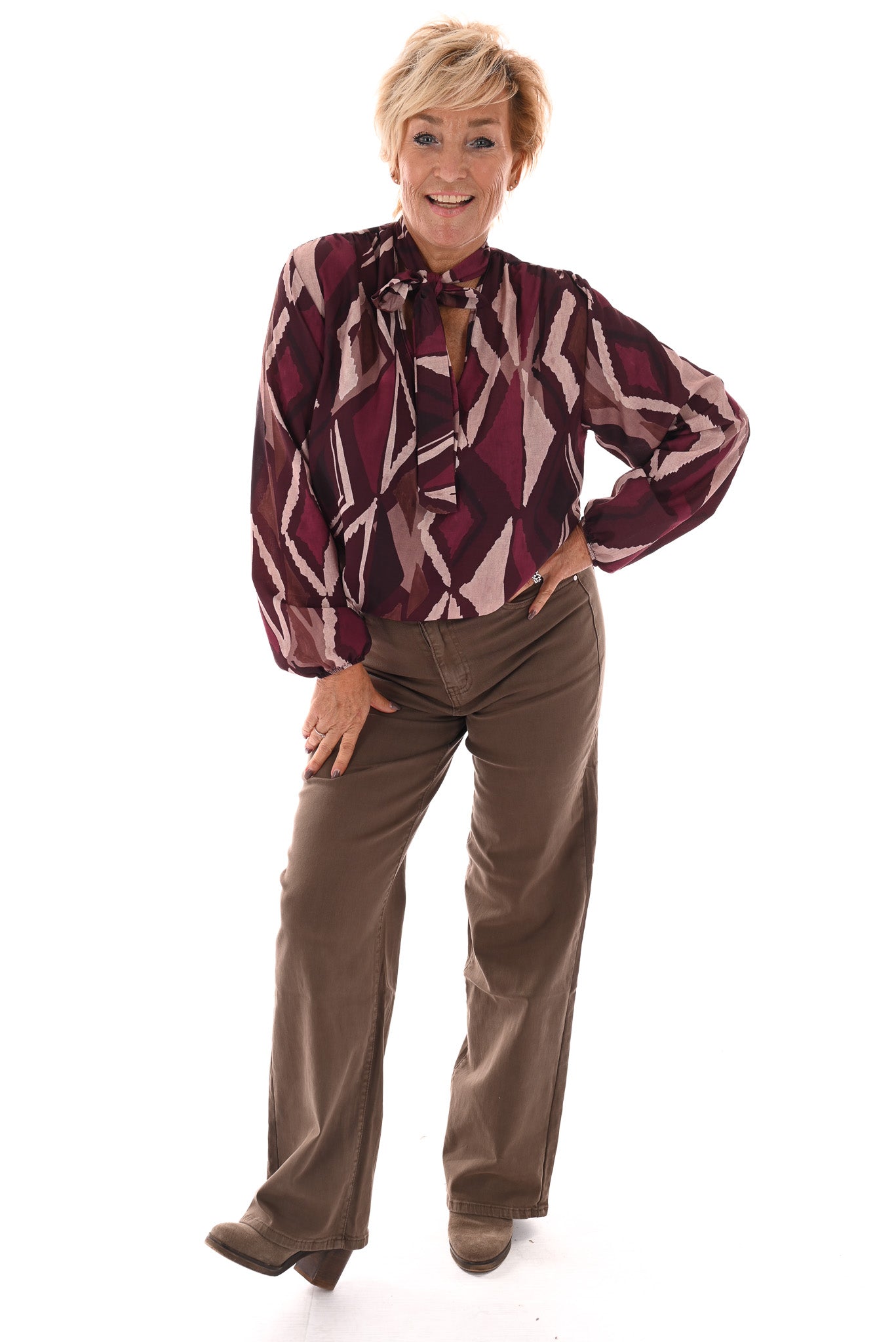 Blouse met strik print ruit bordeaux