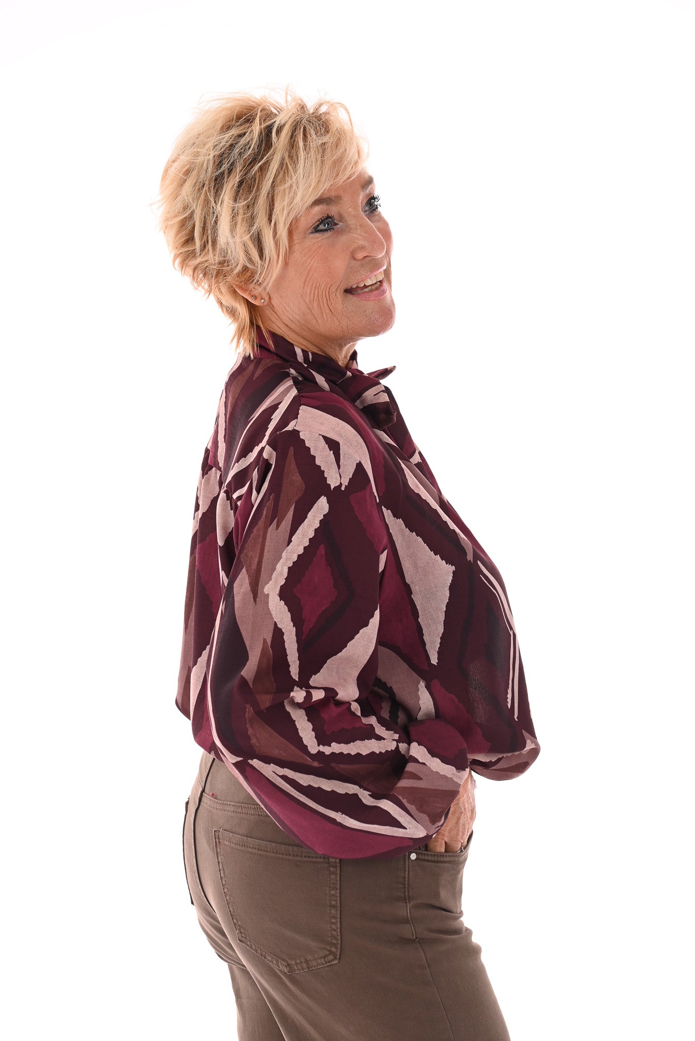 Blouse met strik print ruit bordeaux