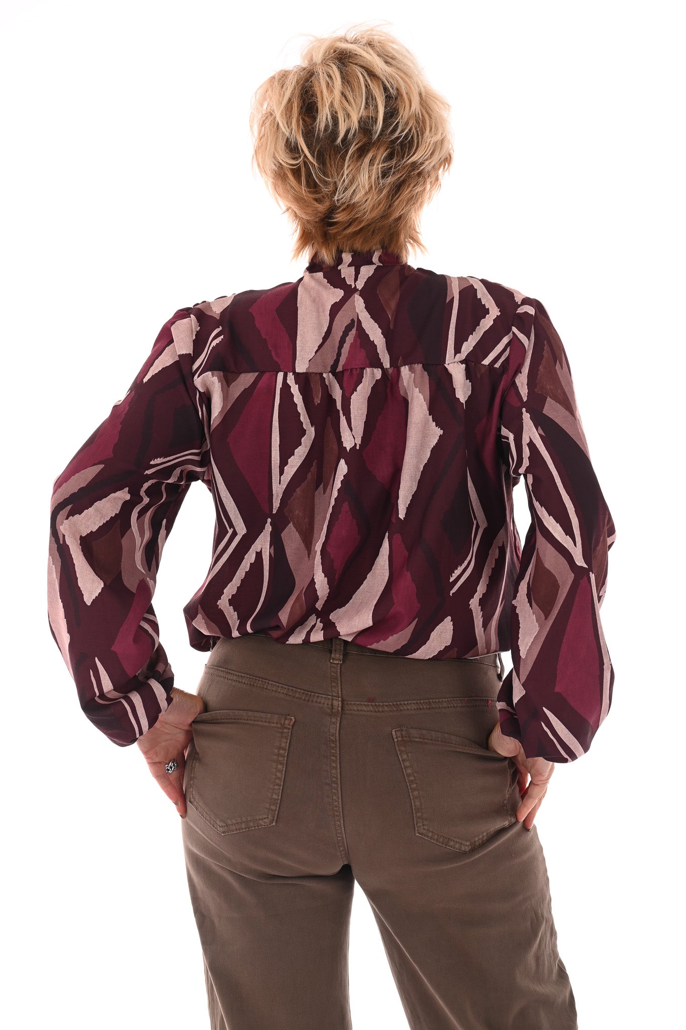 Blouse met strik print ruit bordeaux