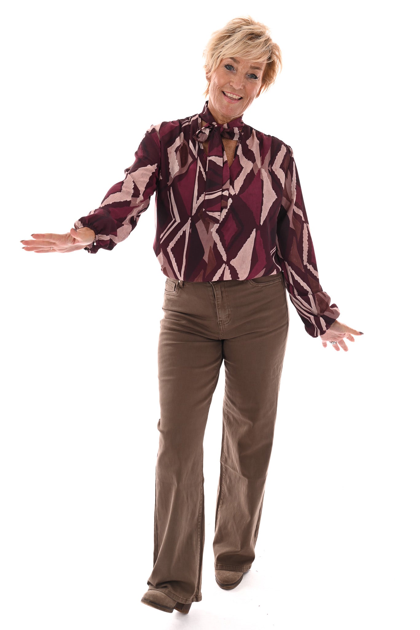 Blouse met strik print ruit bordeaux