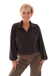 Top v-hals met kraag glitter donkerbruin