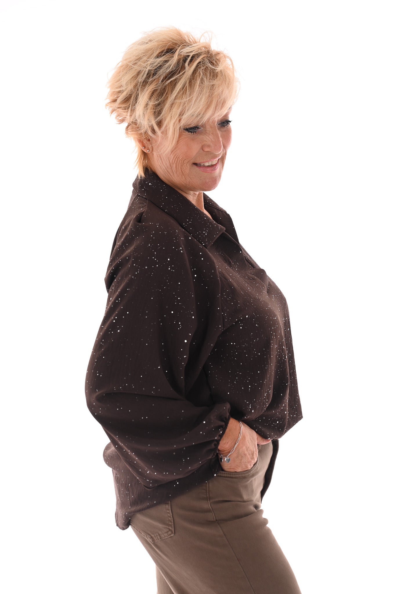 Top v-hals met kraag glitter donkerbruin