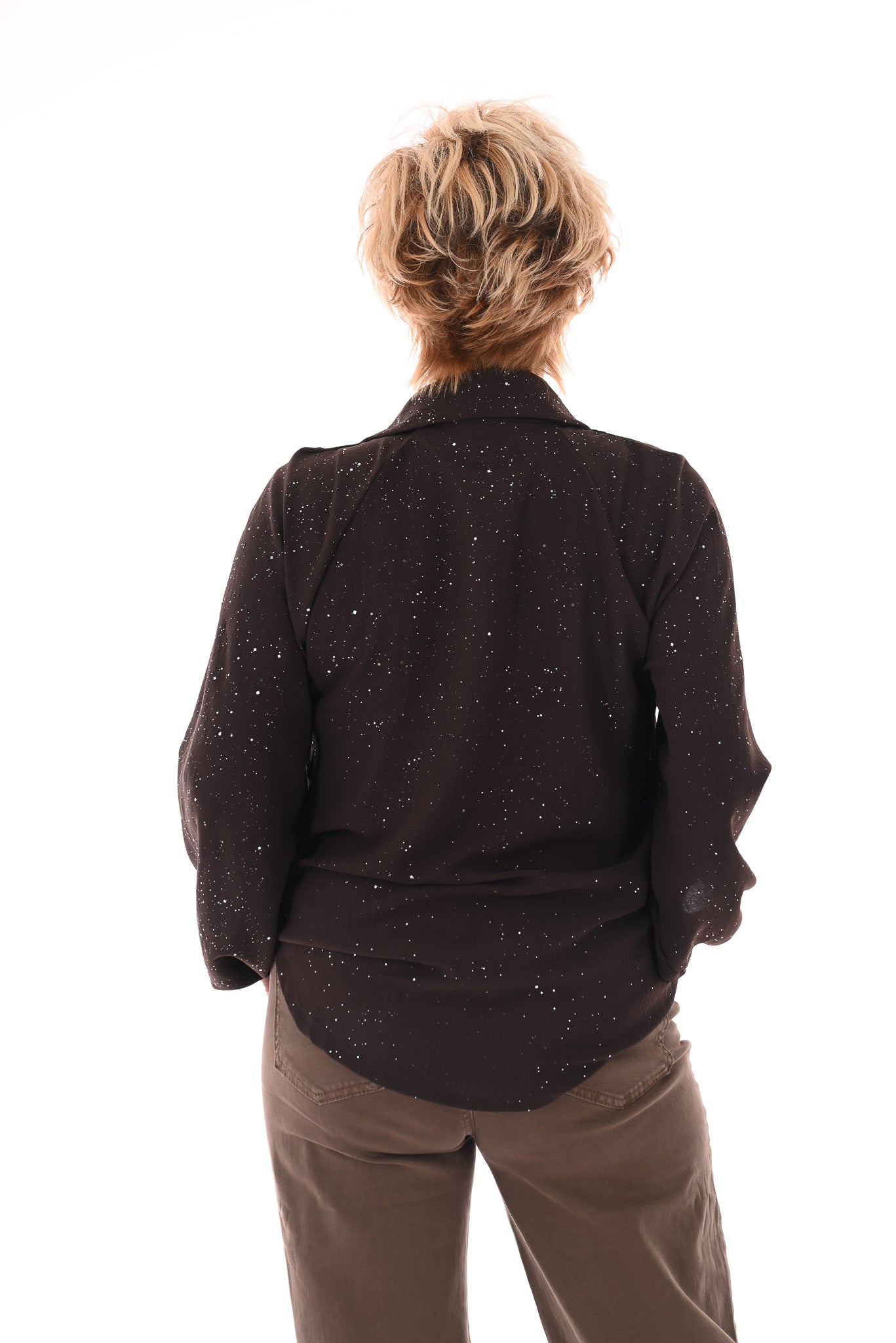 Top v-hals met kraag glitter donkerbruin