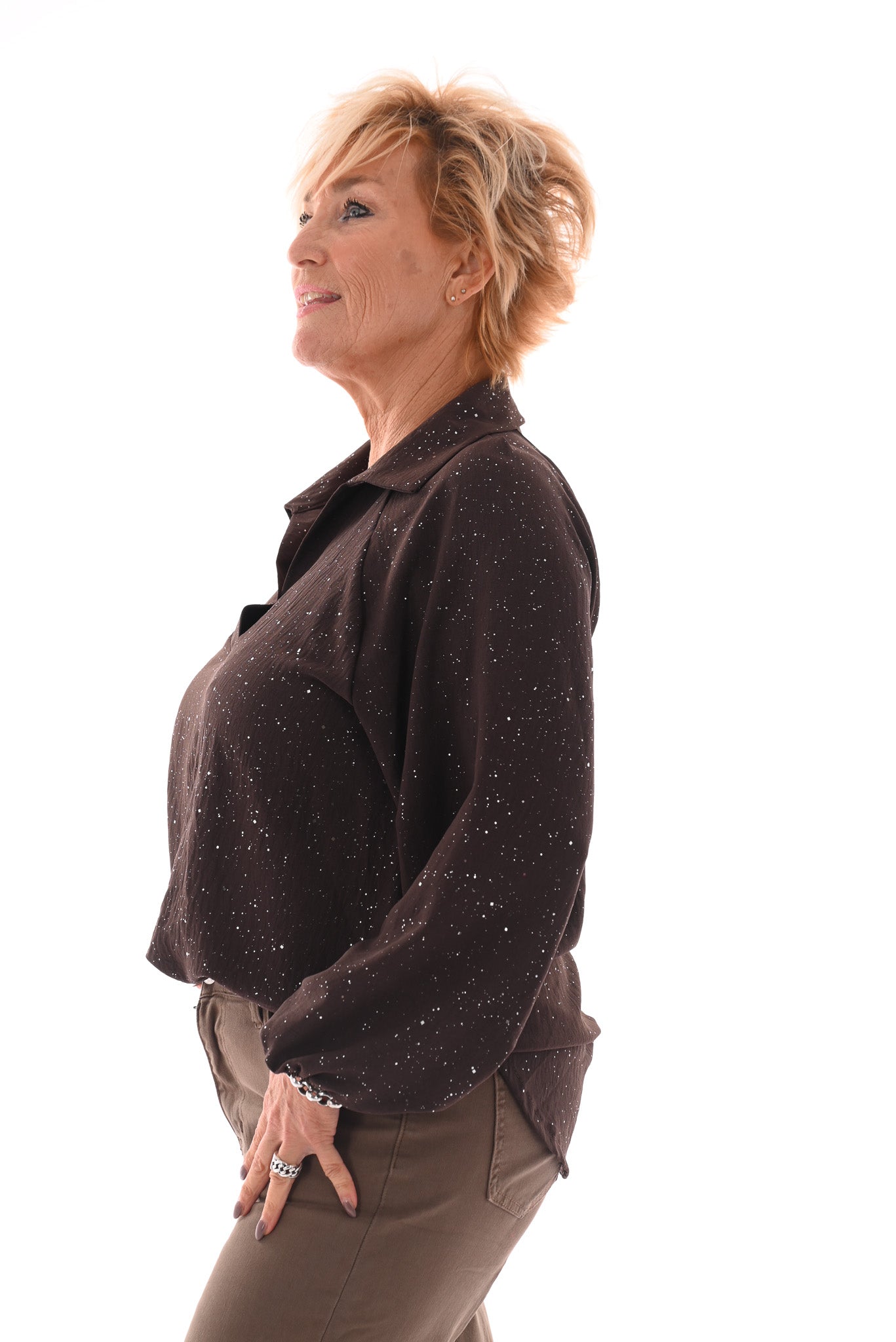 Top v-hals met kraag glitter donkerbruin