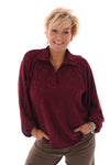 Top v-hals met kraag glitter bordeaux