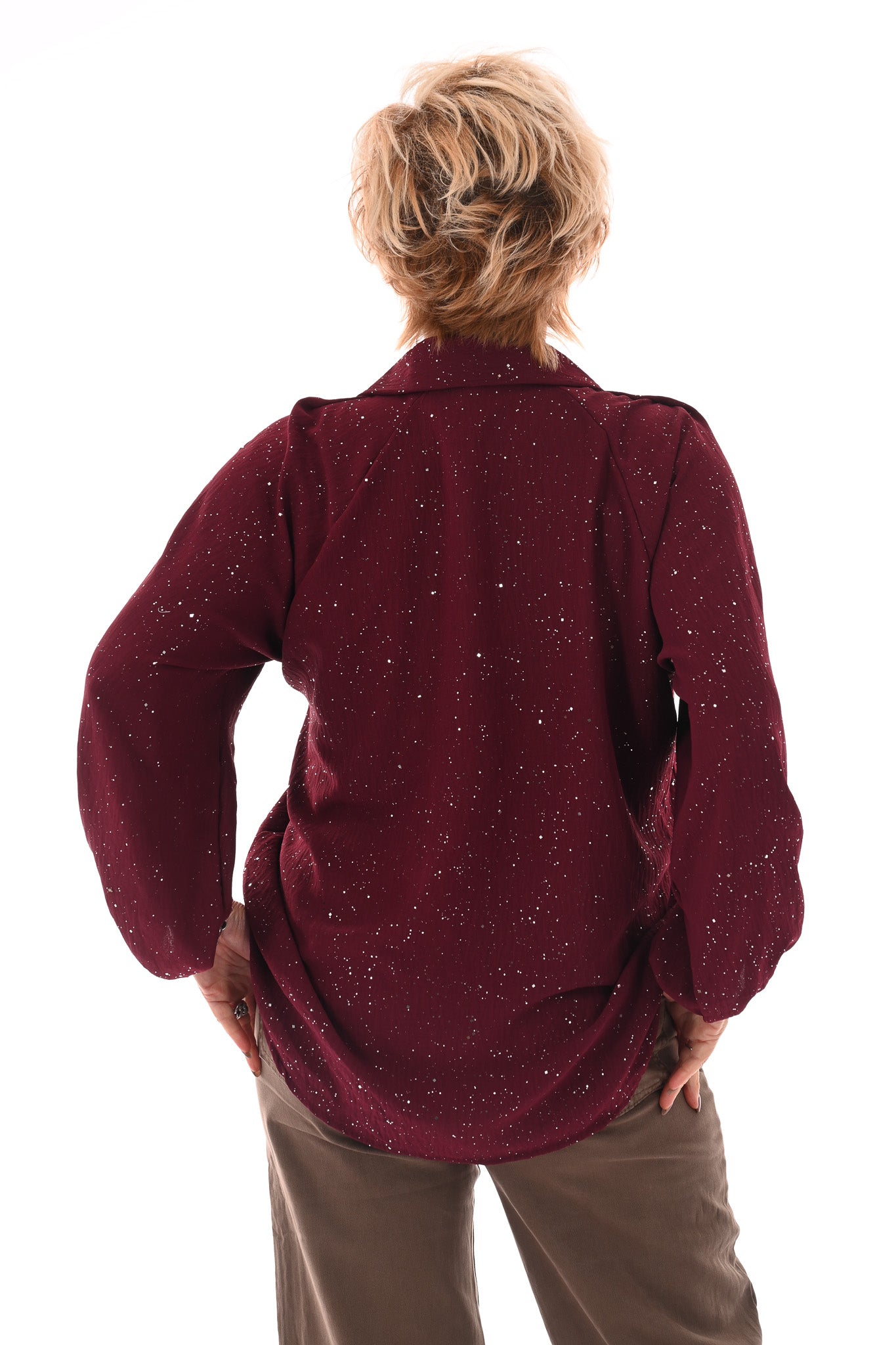 Top v-hals met kraag glitter bordeaux
