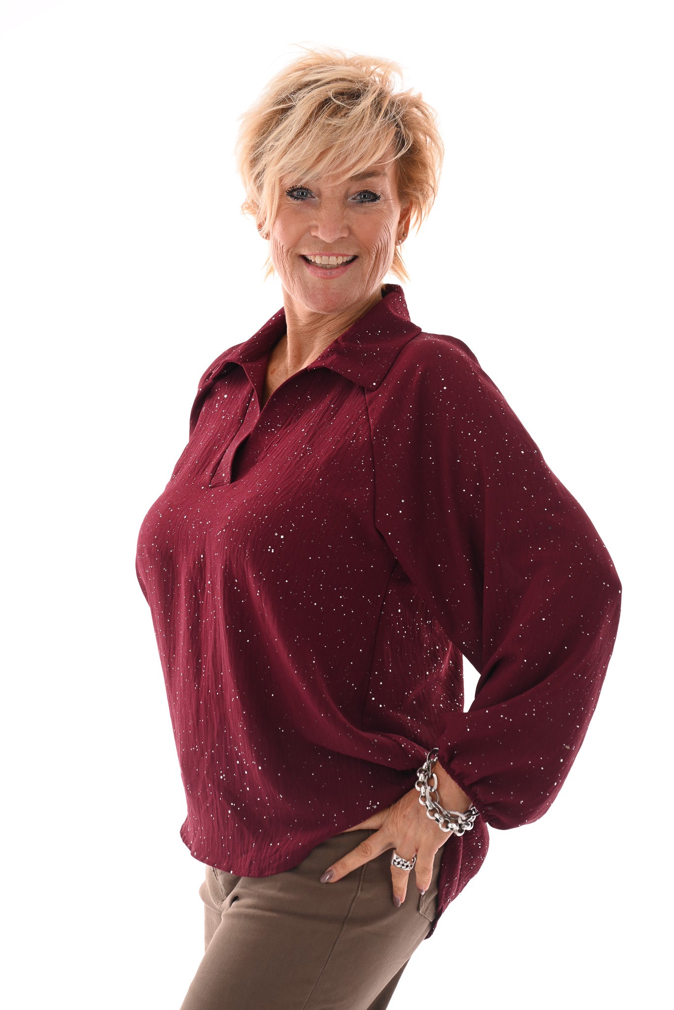 Top v-hals met kraag glitter bordeaux