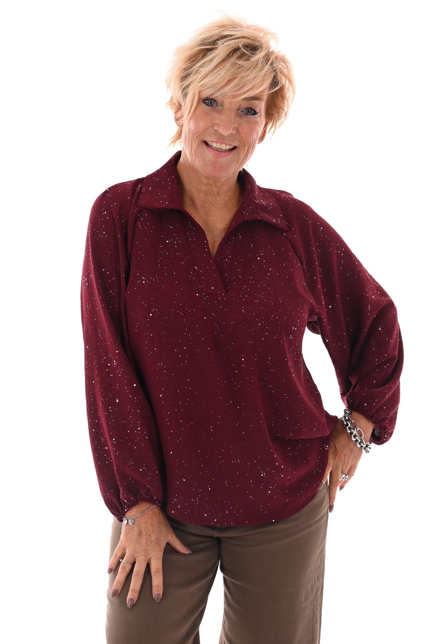 Top v-hals met kraag glitter bordeaux