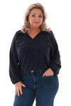 Top v-hals met kraag glitter marineblauw