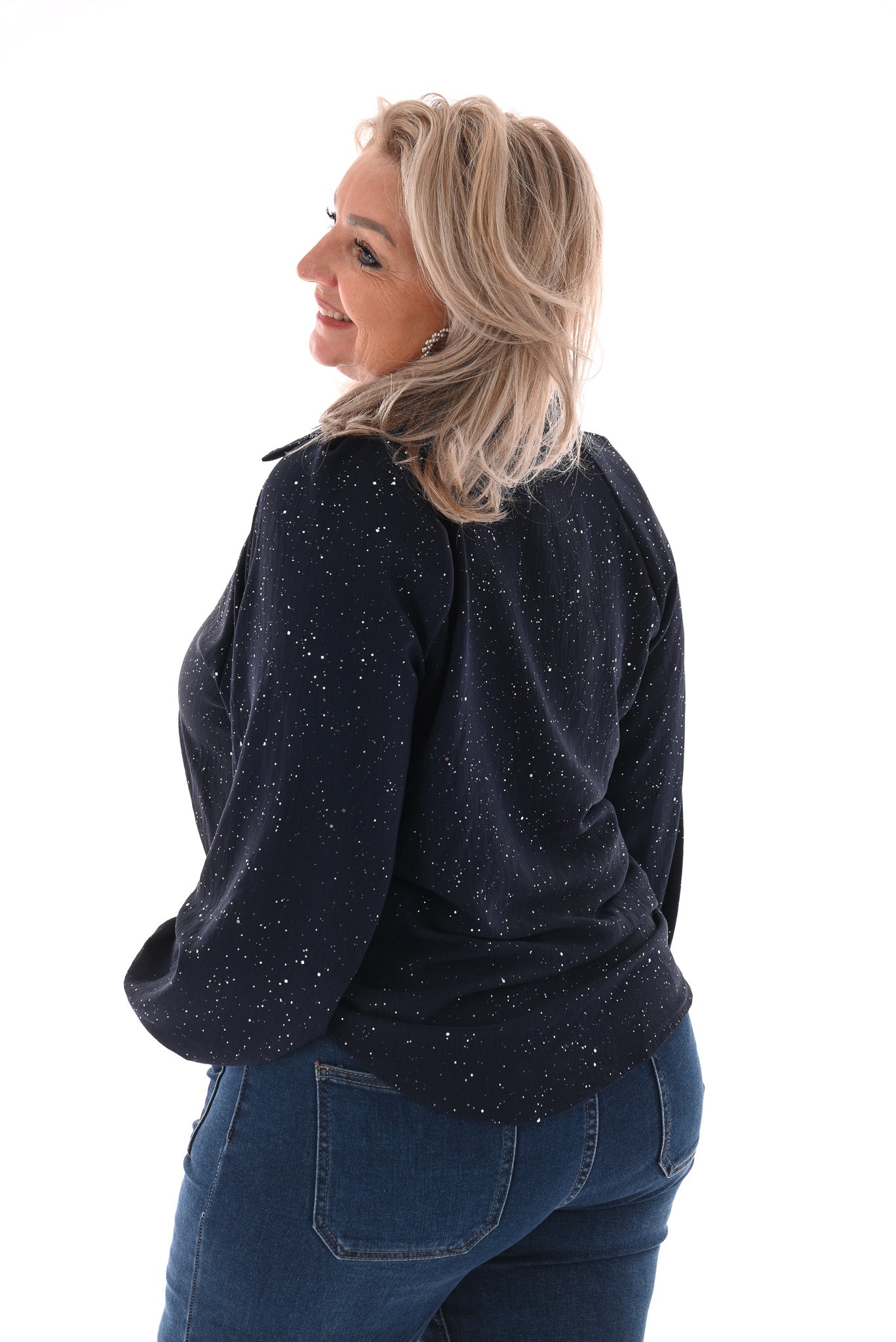 Top v-hals met kraag glitter marineblauw