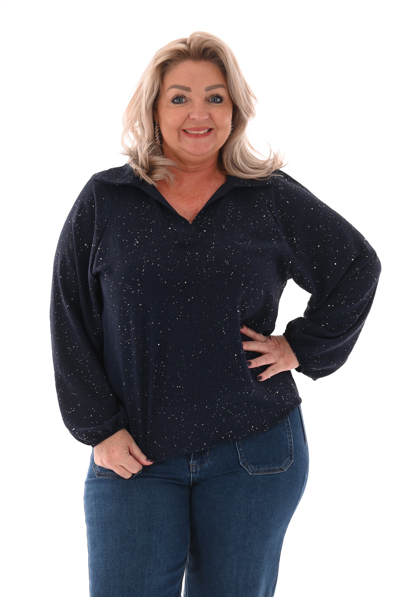 Top v-hals met kraag glitter marineblauw