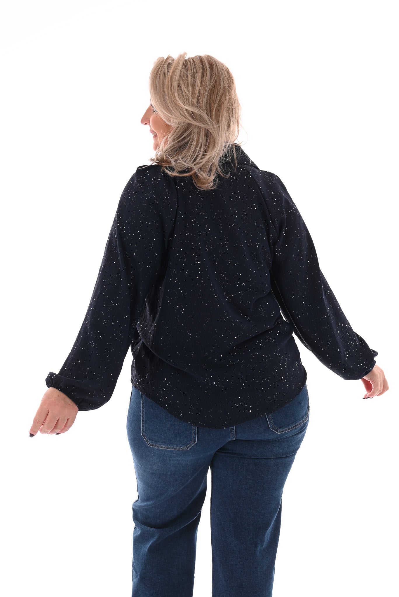 Top v-hals met kraag glitter marineblauw