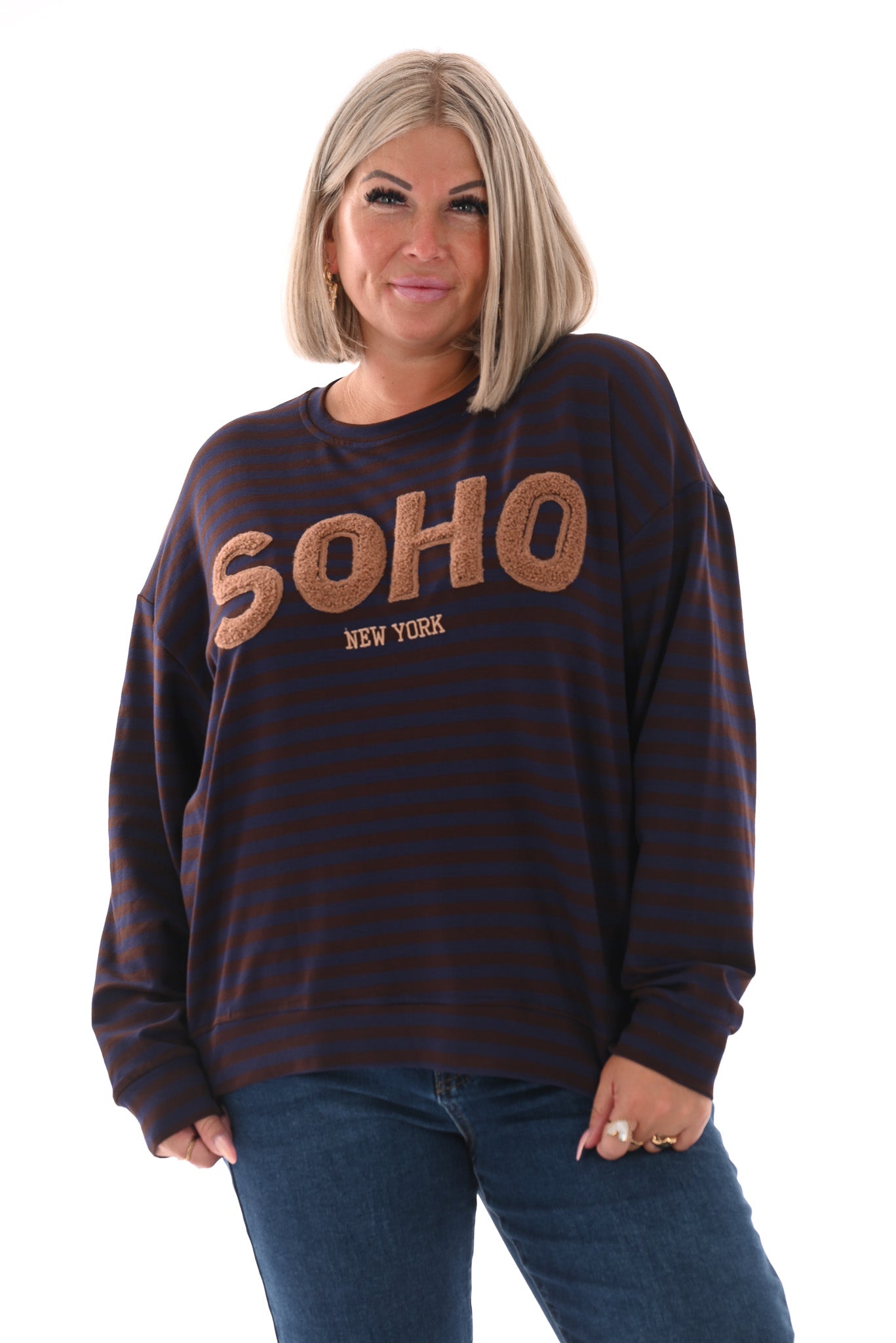 Gestreepte sweater Soho bruin/marineblauw