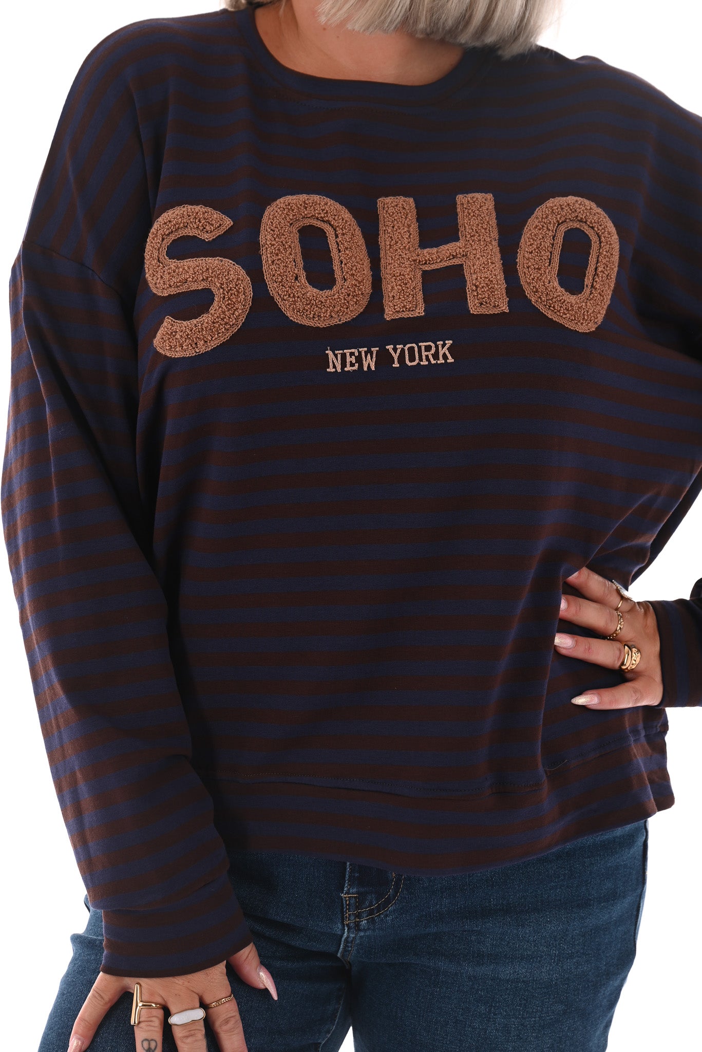 Gestreepte sweater Soho bruin/marineblauw