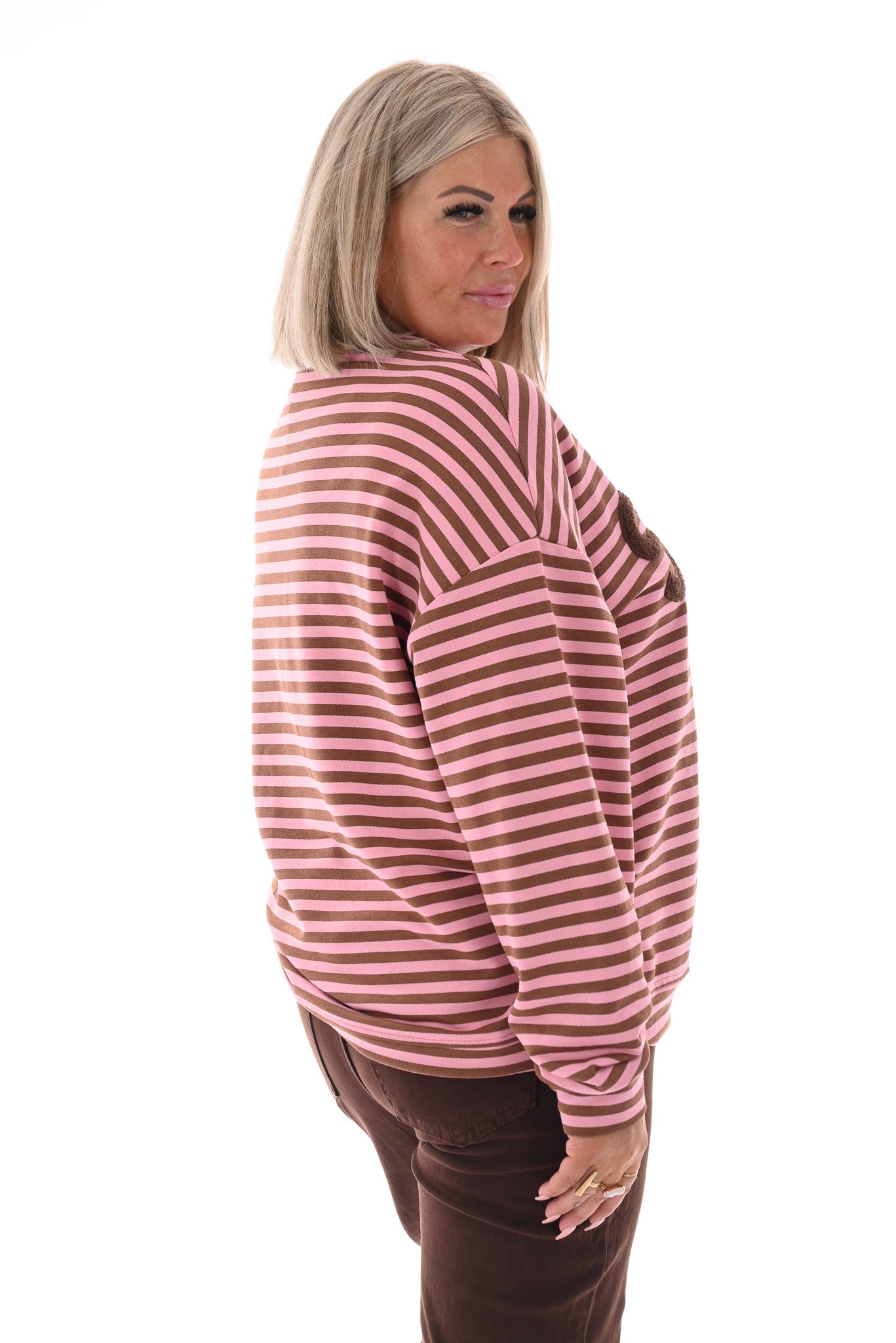 Gestreepte sweater Soho lichtroze/bruin