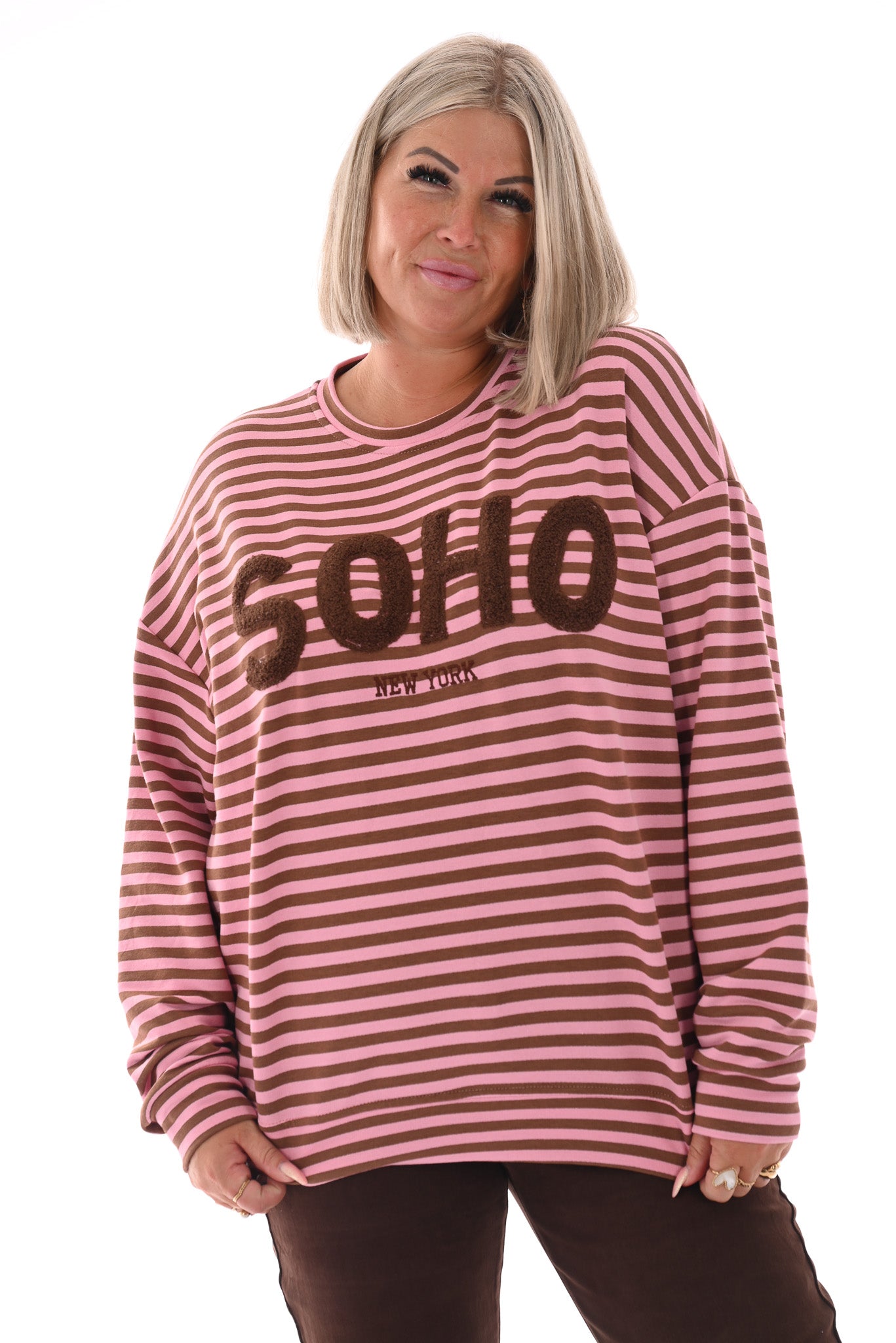 Gestreepte sweater Soho lichtroze/bruin