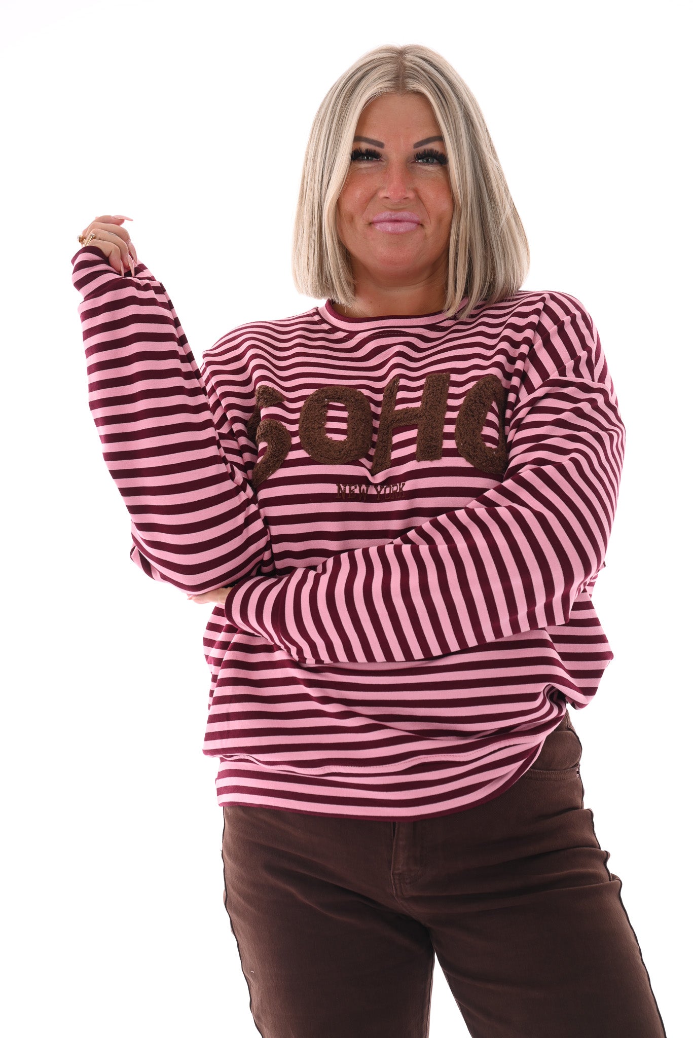 Gestreepte sweater Soho roze/bordeaux
