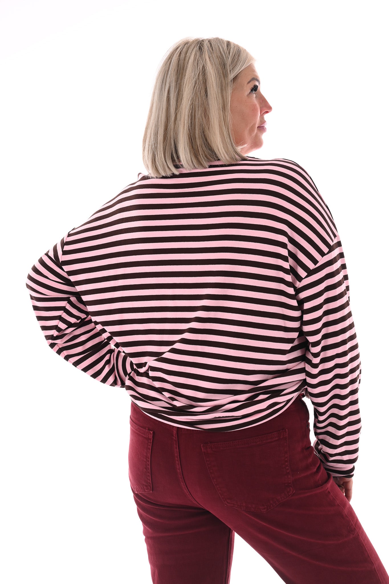 Gestreepte sweater Soho lichtroze/donkerbruin