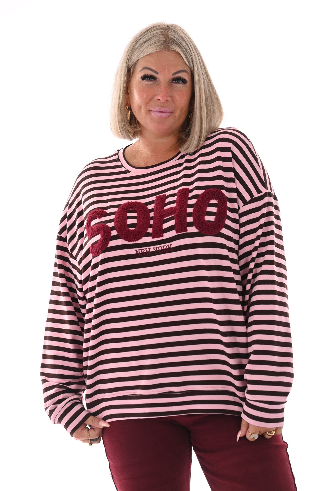Gestreepte sweater Soho lichtroze/donkerbruin