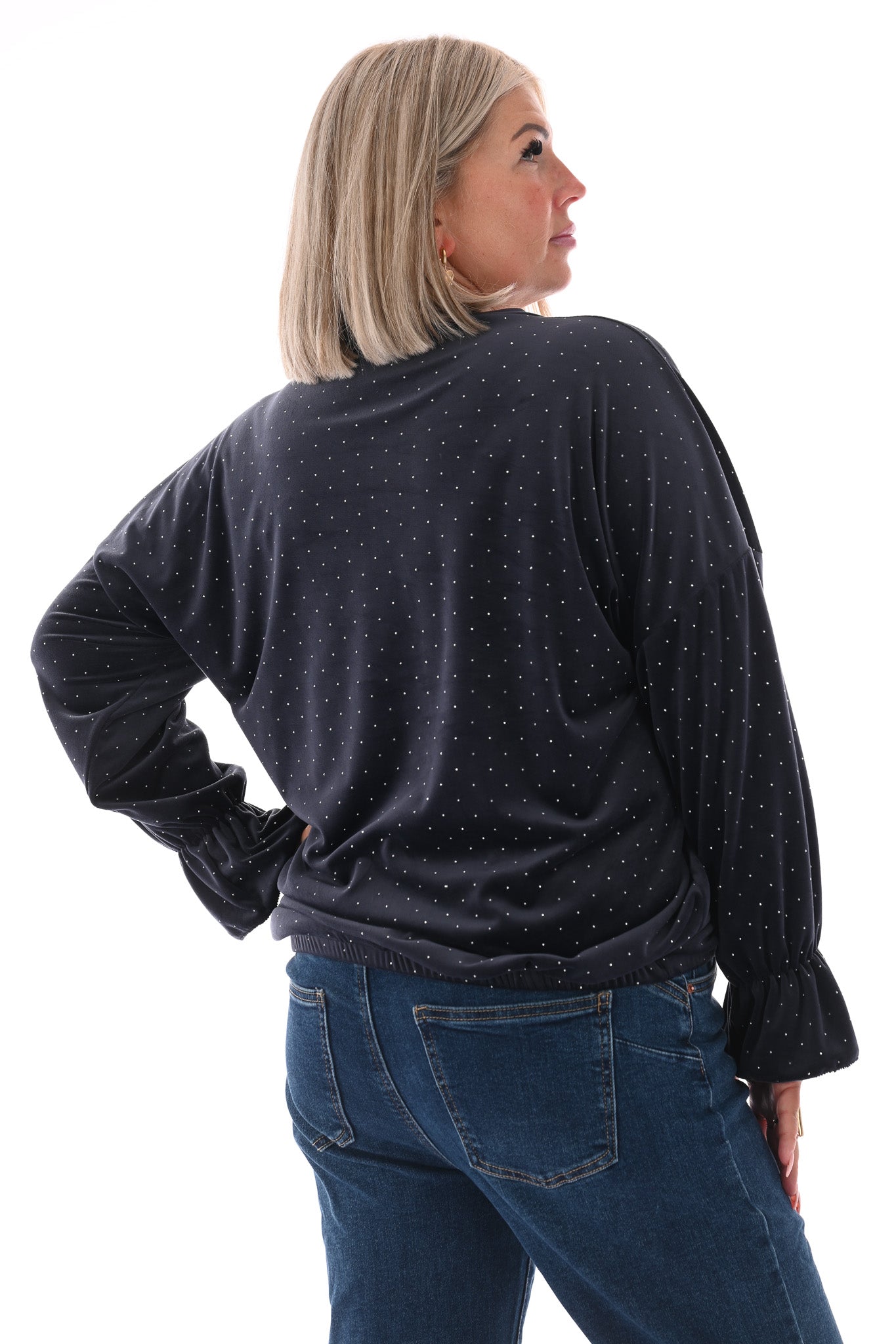 Top velvet met trompetmouwen en strass marineblauw