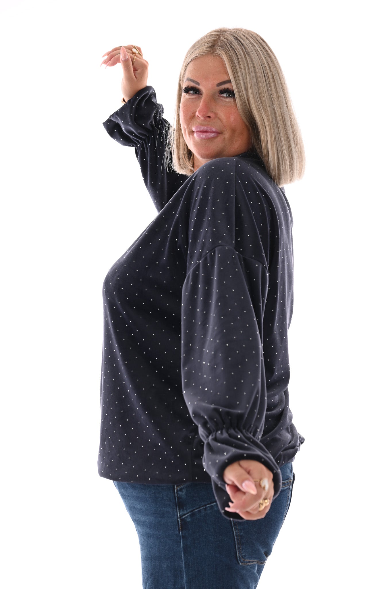 Top velvet met trompetmouwen en strass marineblauw