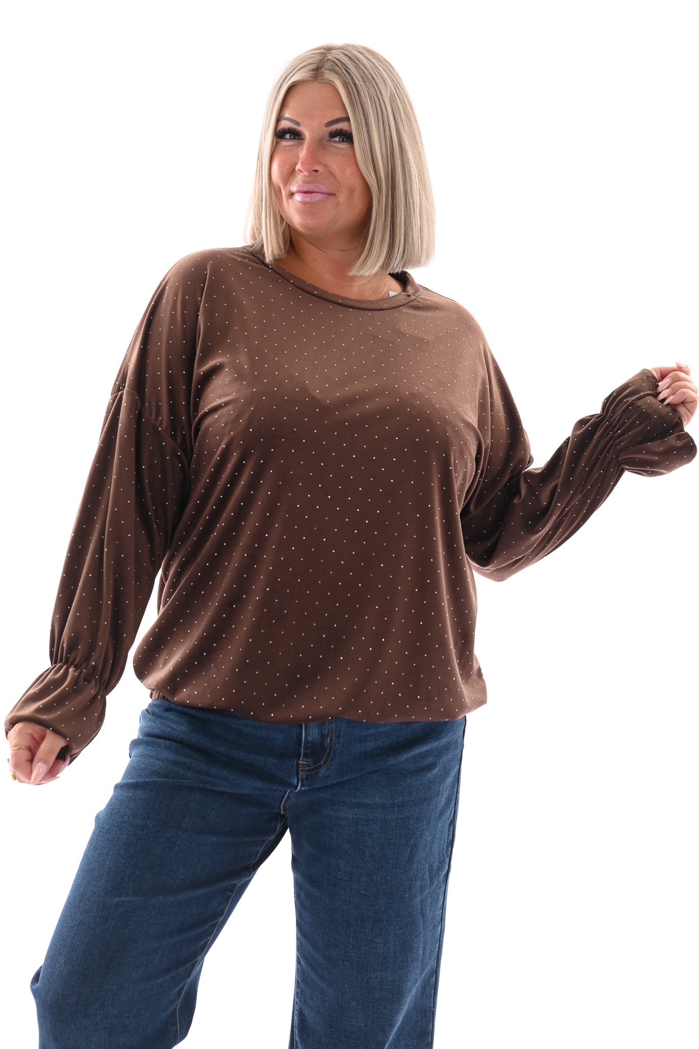 Top velvet met trompetmouwen en strass donkerbruin