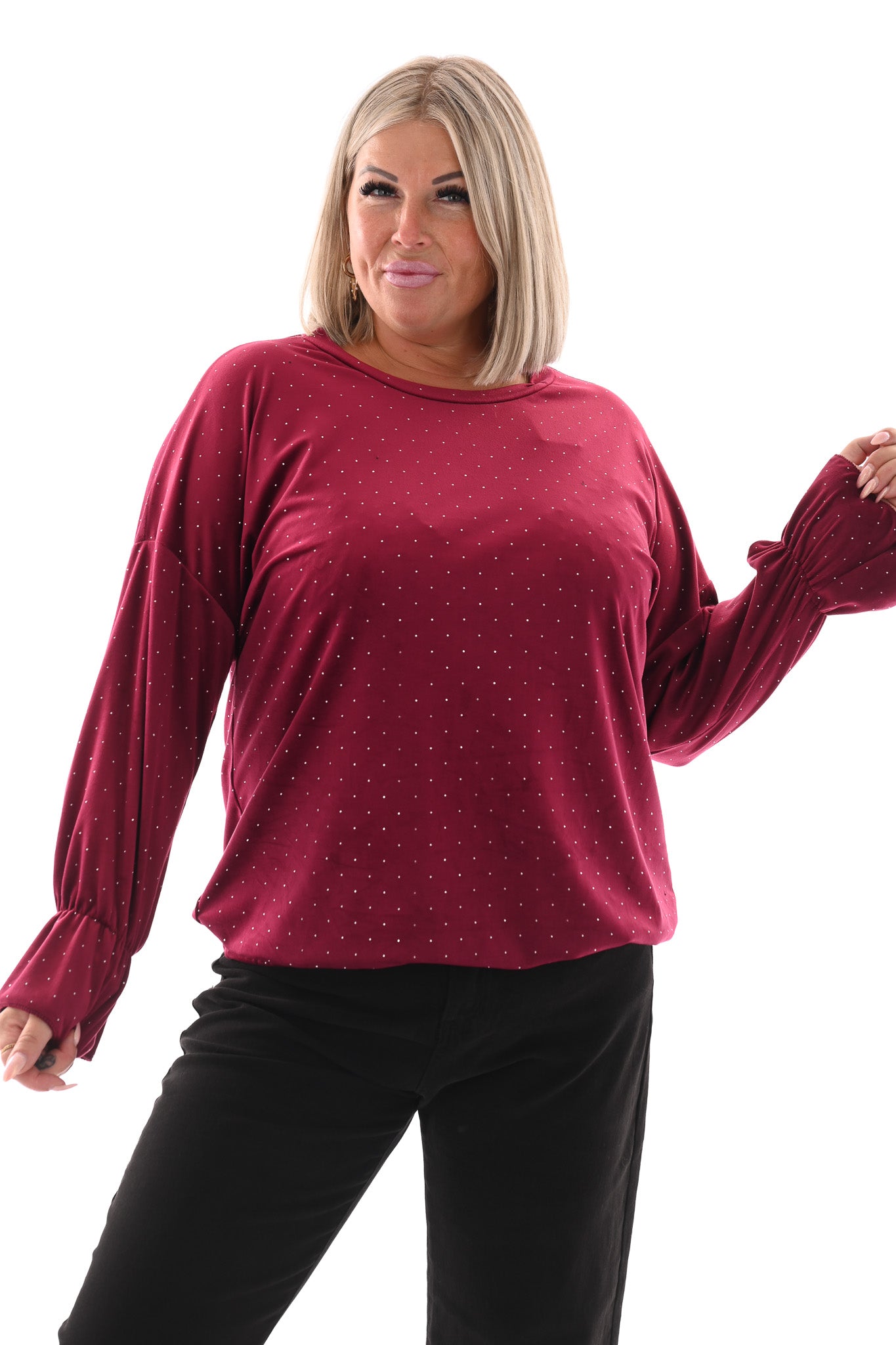 Top velvet met trompetmouwen en strass bordeaux