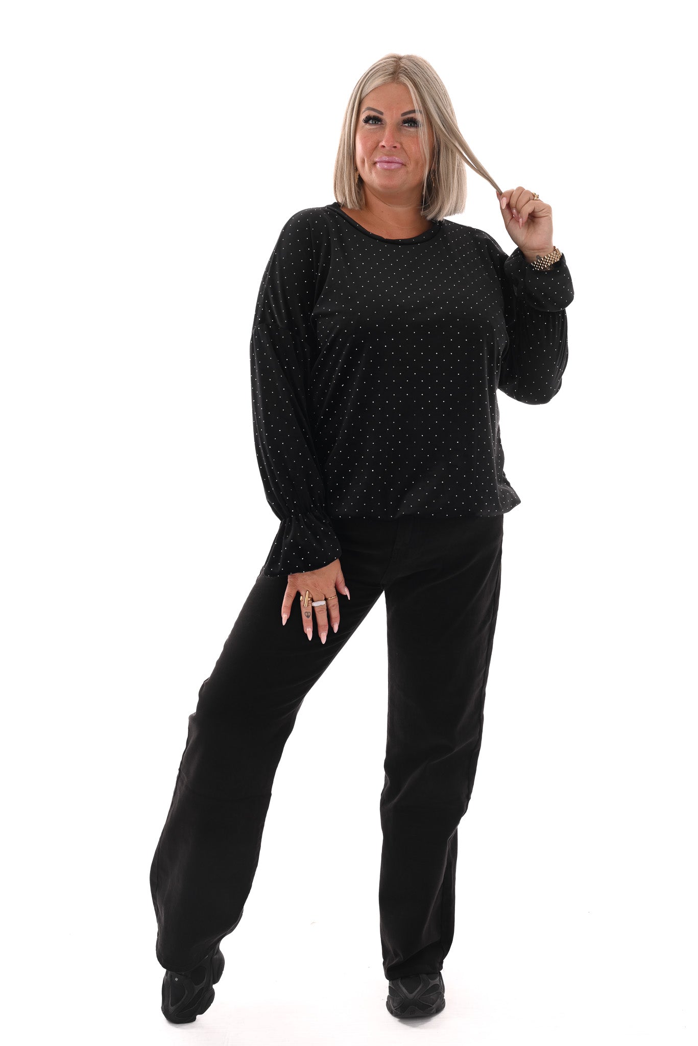 Top velvet met trompetmouwen en strass zwart