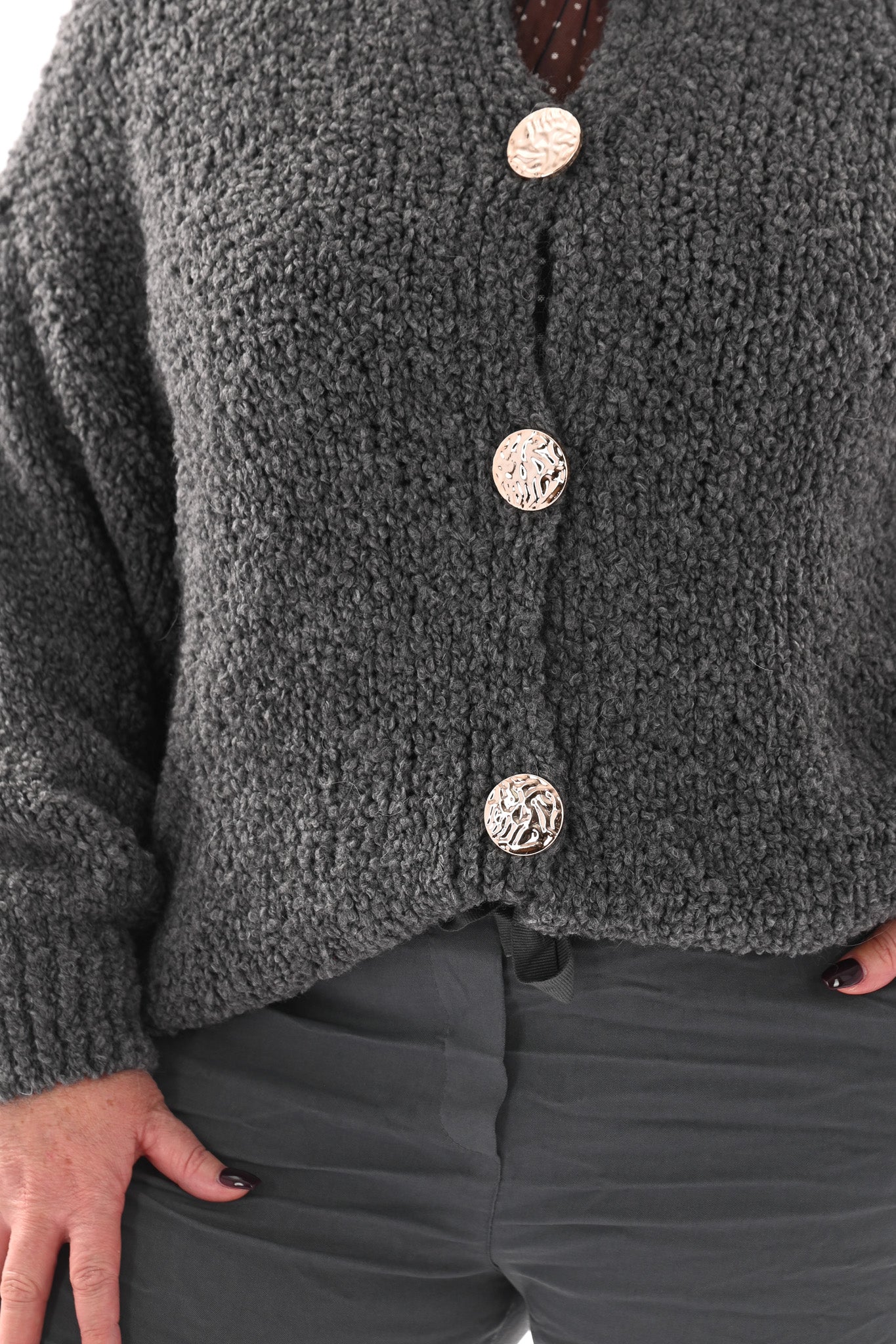Boucle vest grote knopen grijs