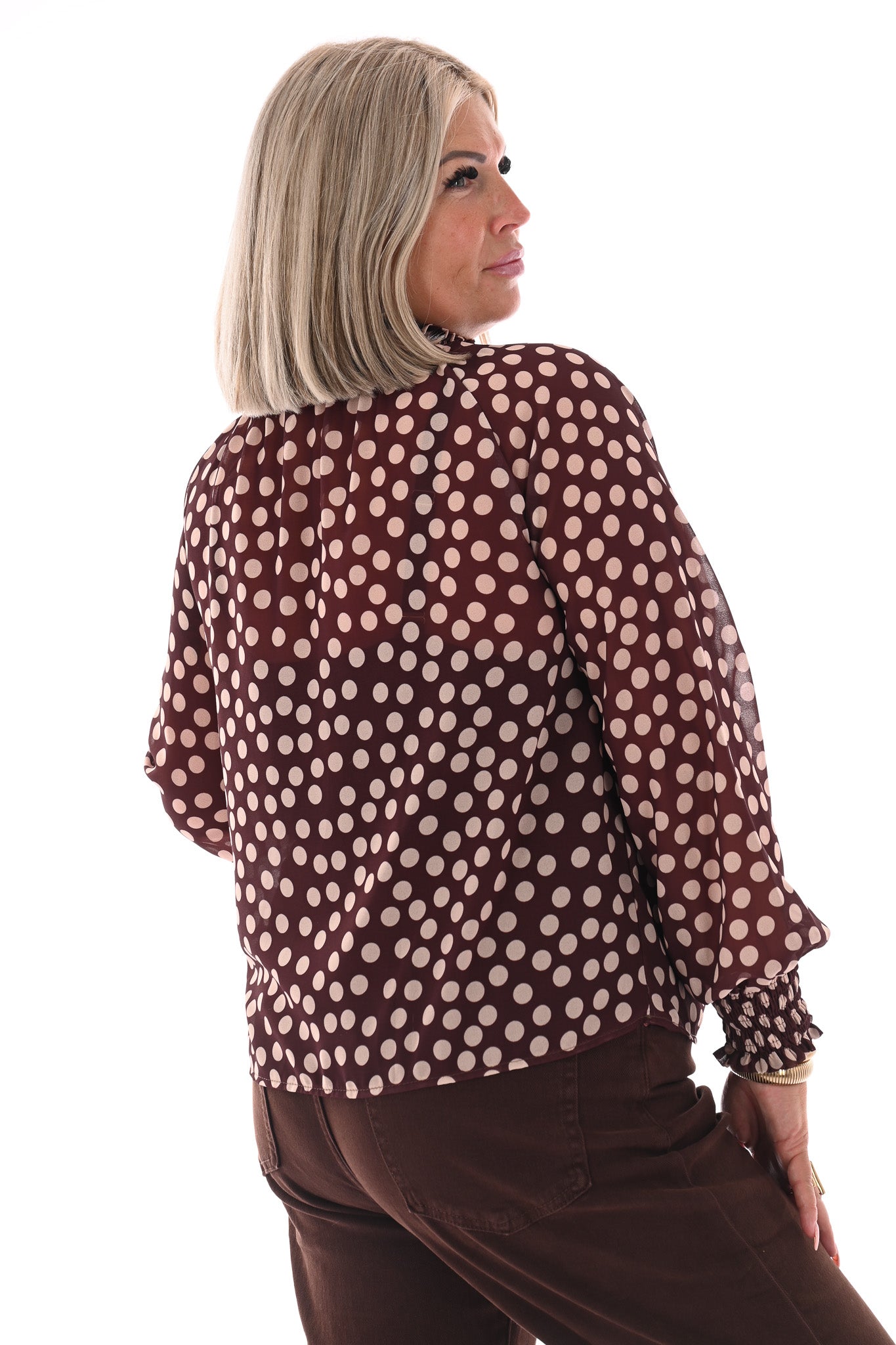 Top smock kraag dots bruin/wit