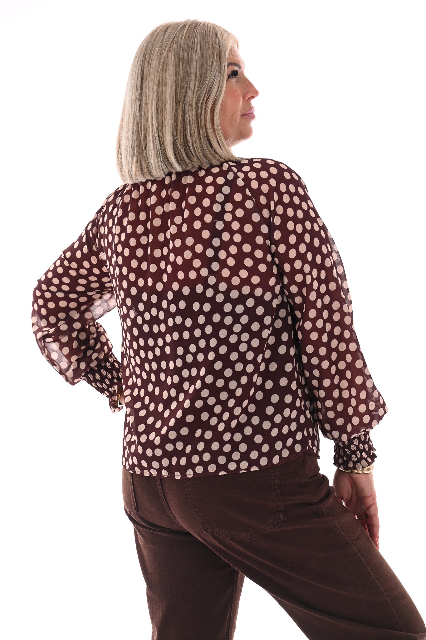 Top smock kraag dots bruin/wit