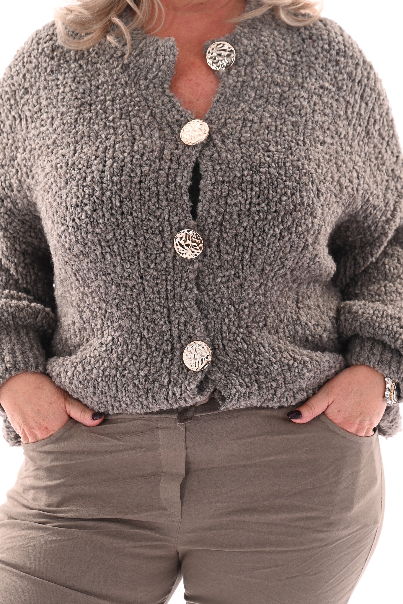 Boucle vest grote knopen taupe
