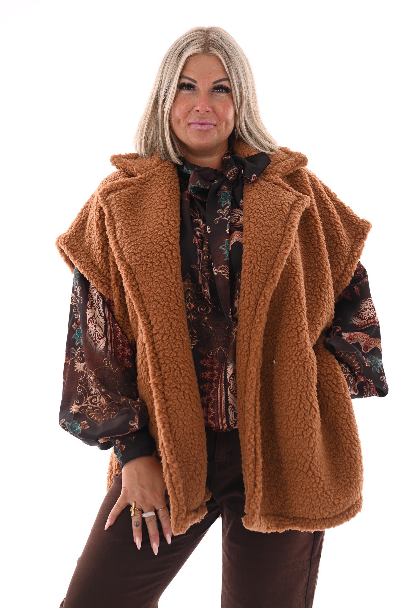 Lange teddy gilet camel