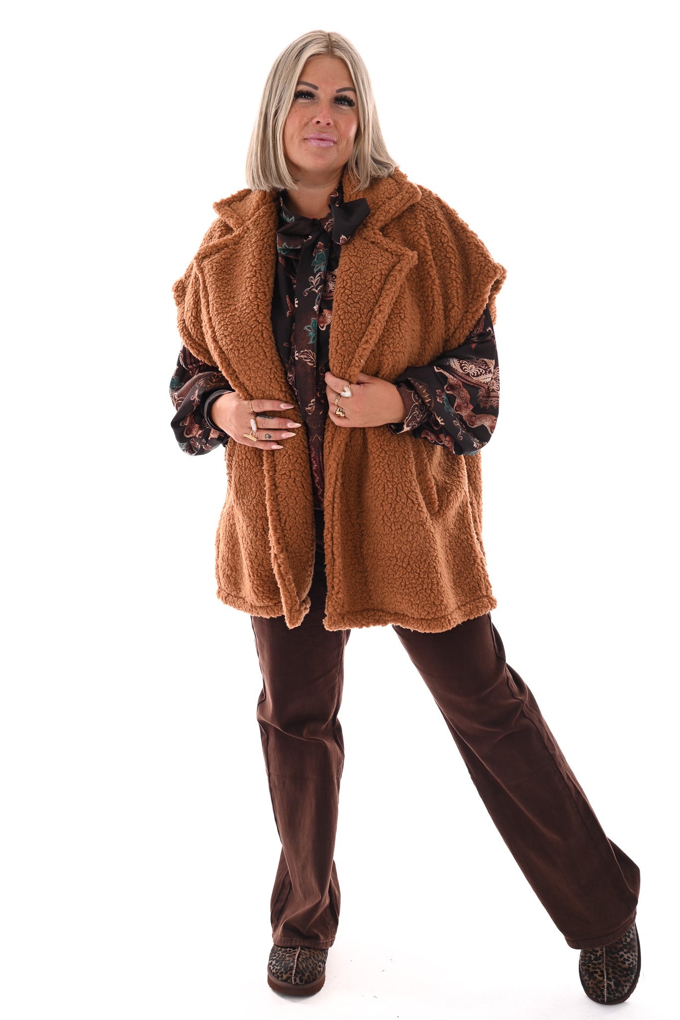Lange teddy gilet camel