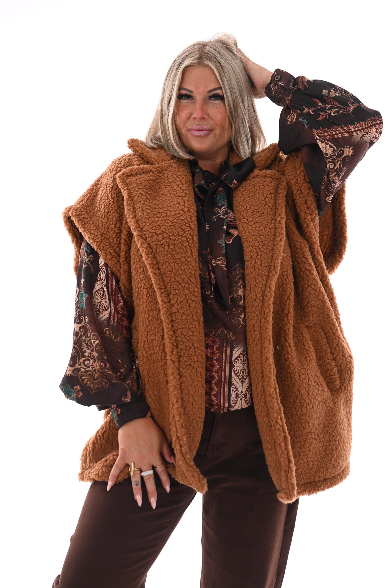 Lange teddy gilet camel