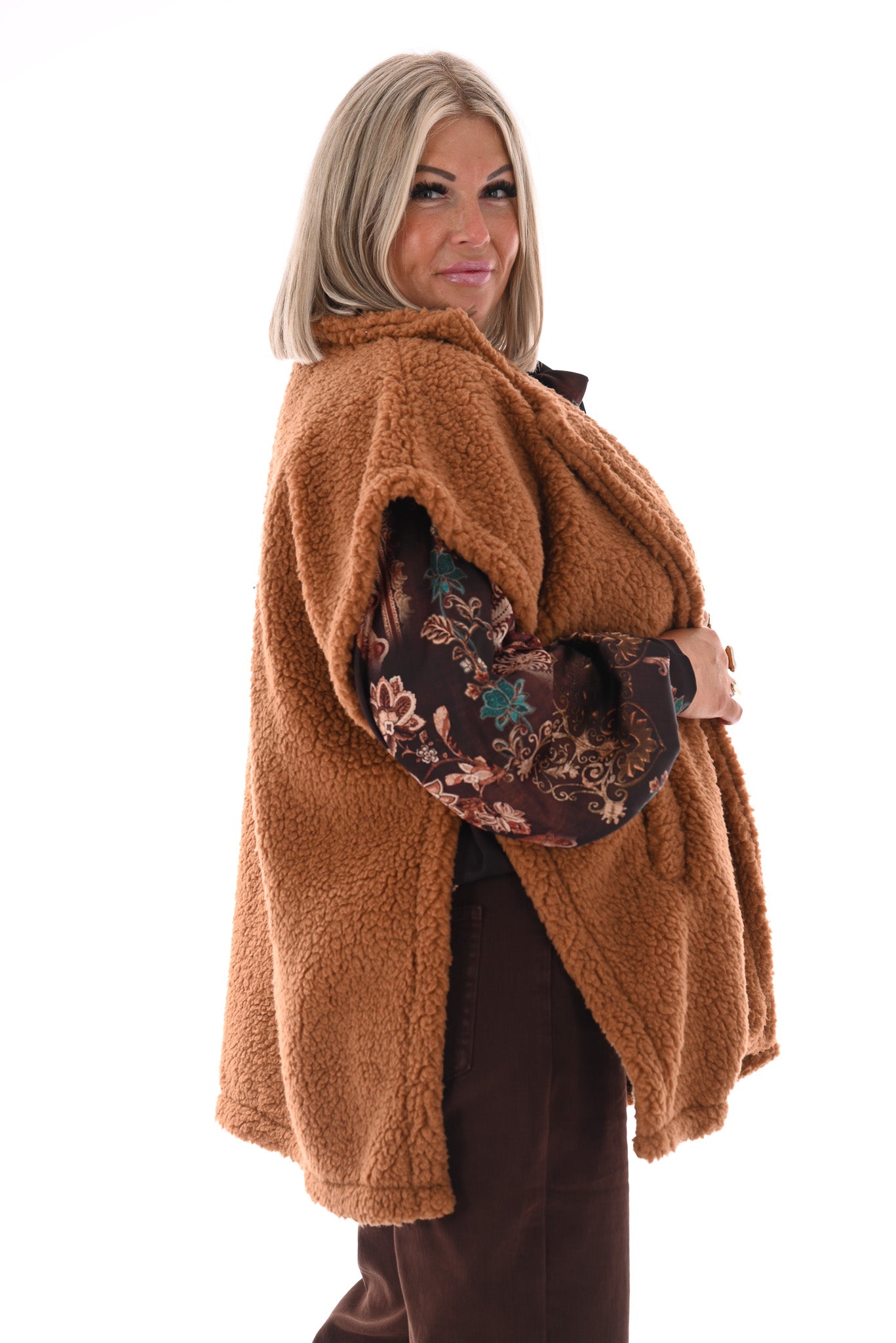 Lange teddy gilet camel