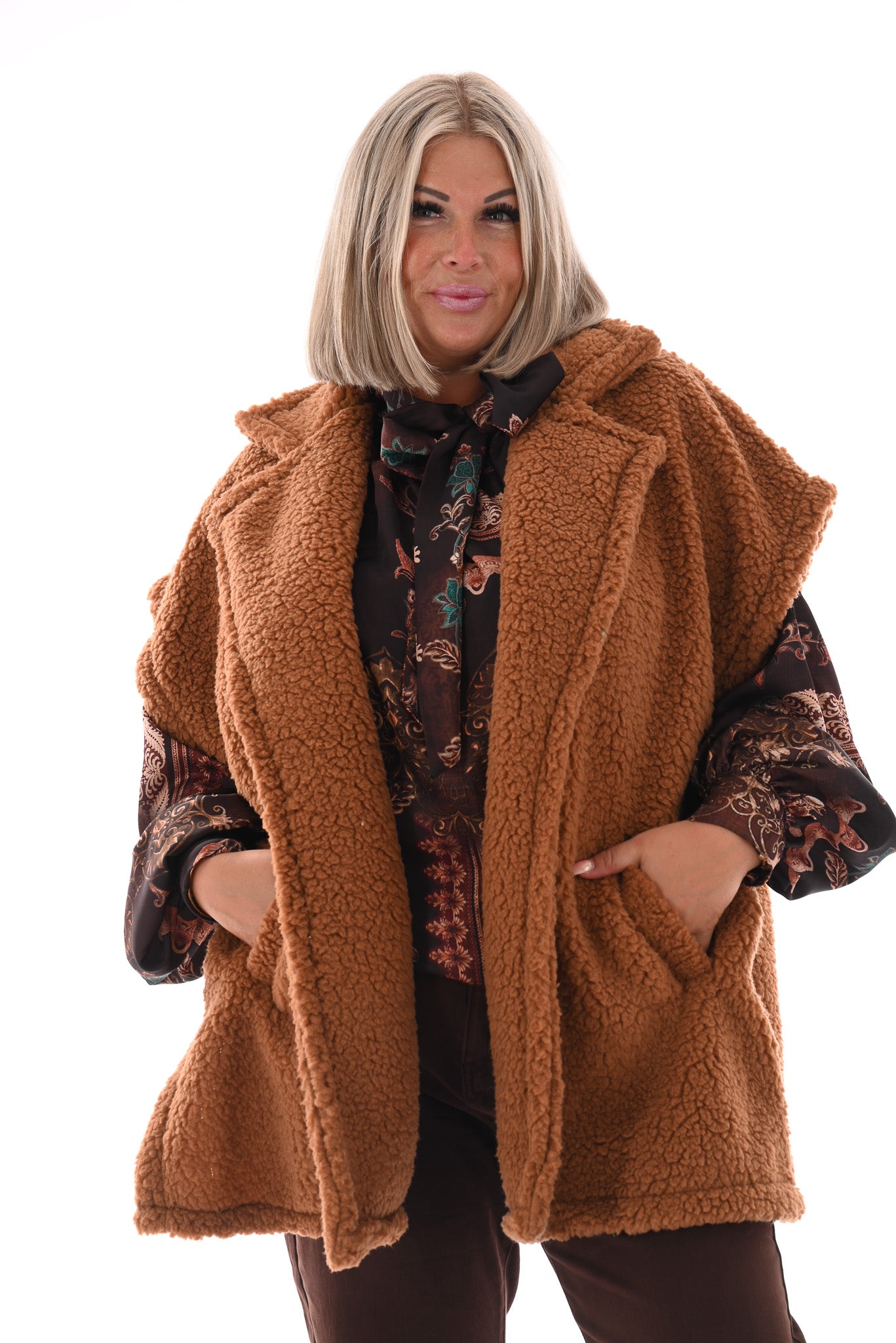Lange teddy gilet camel
