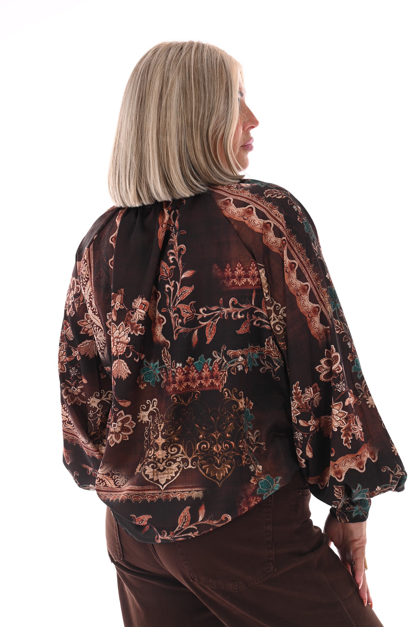 Silky blouse met strik paisley donkerbruin