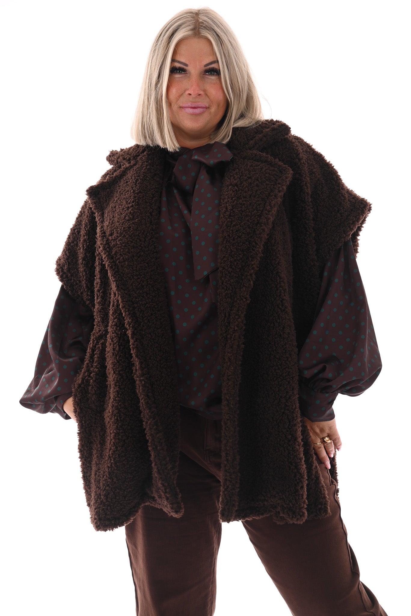 Lange teddy gilet donkerbruin